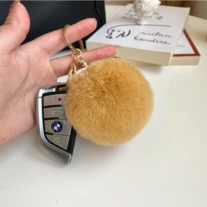 Real Rex Rabbit fur pompom keychain; Fluffy Fur Ball 10cm-KC052 Khaki